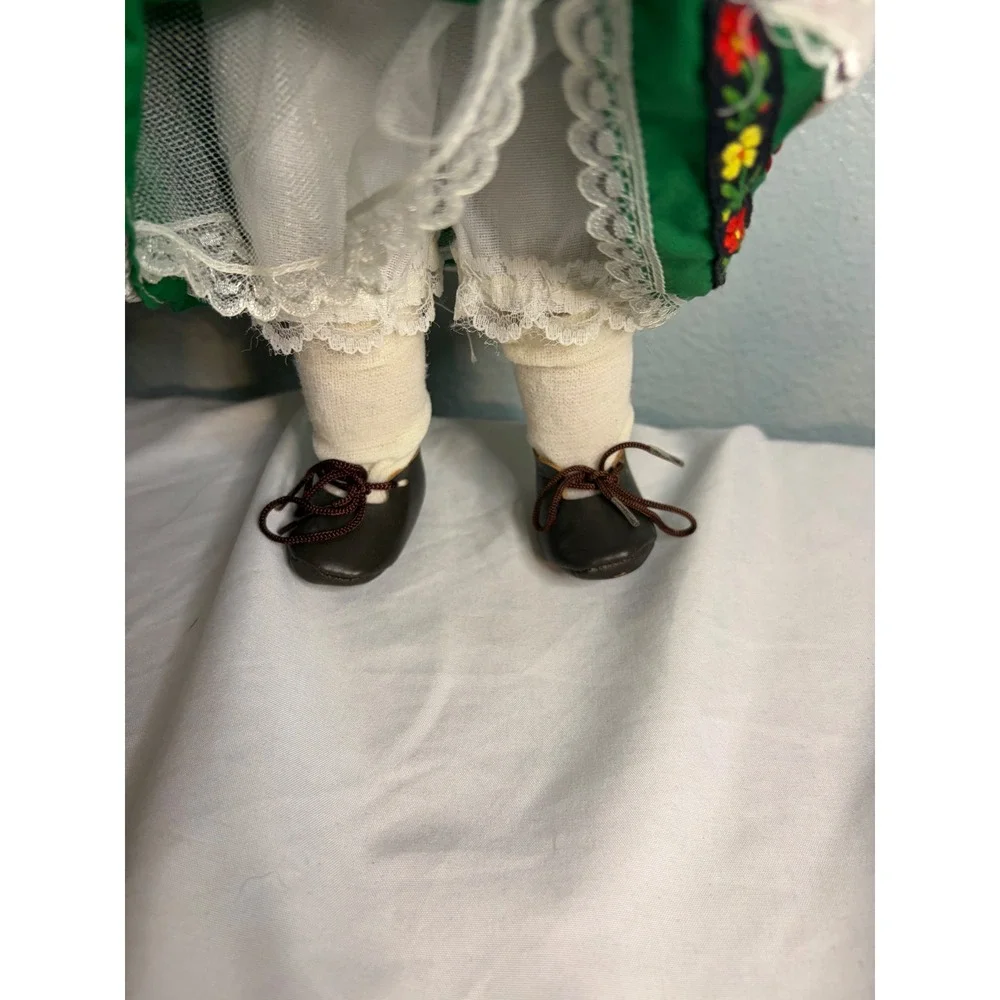 Vintage Porcelain German Alpine Folk Doll Blonde Braids Green Dirndl Outfit 16in